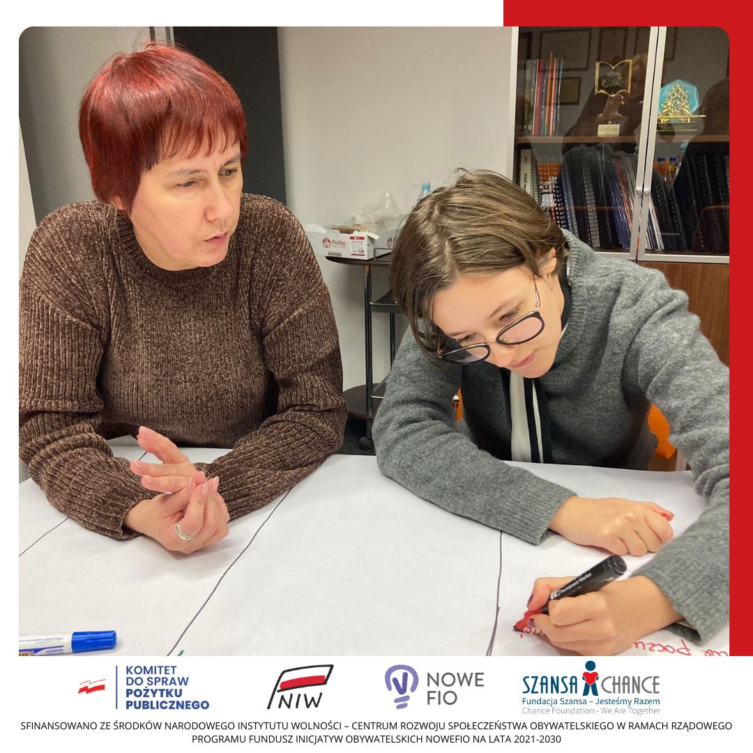 Dwie kobiety siedzące przy stole na którym jest rozłożona duża kartka papieru. Jedna z kobiet zapisuje coś na kartce.