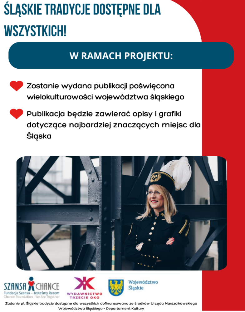 Plakat promujący projekt o śląskich tradycjach. Zawiera informacje o publikacji na temat wielokulturowości Śląska. W dolnej części znajduje się zdjęcie kobiety w tradycyjnym stroju górniczym stojącej przy stalowej konstrukcji. Na dole widoczne są logotypy partnerów i informacja o dofinansowaniu projektu.